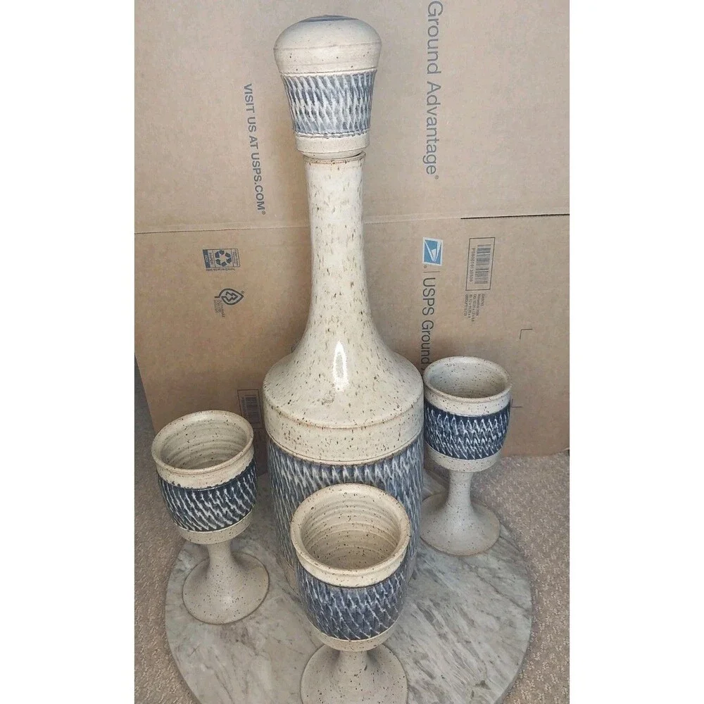70s Mid Century Ray Studio Pottery Decanter Wine Set 4 Chalices Flawless New